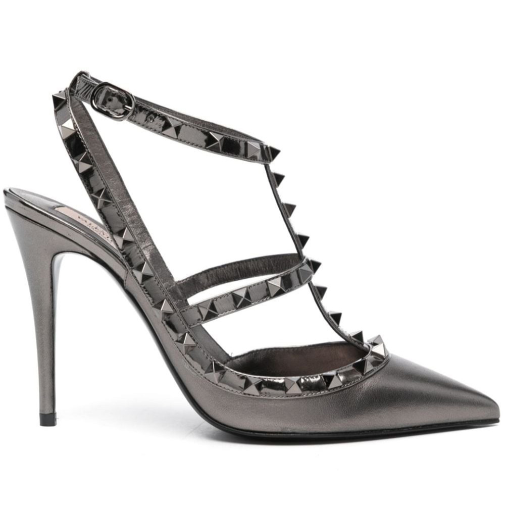 Valentino Rockstud 100mm Anthracite Grey Ankle T Strap Pointed Toe Heel Pump 40